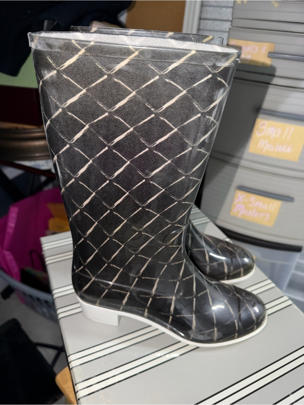 CHANEL Black & White Quilted-Pattern Rain Boots